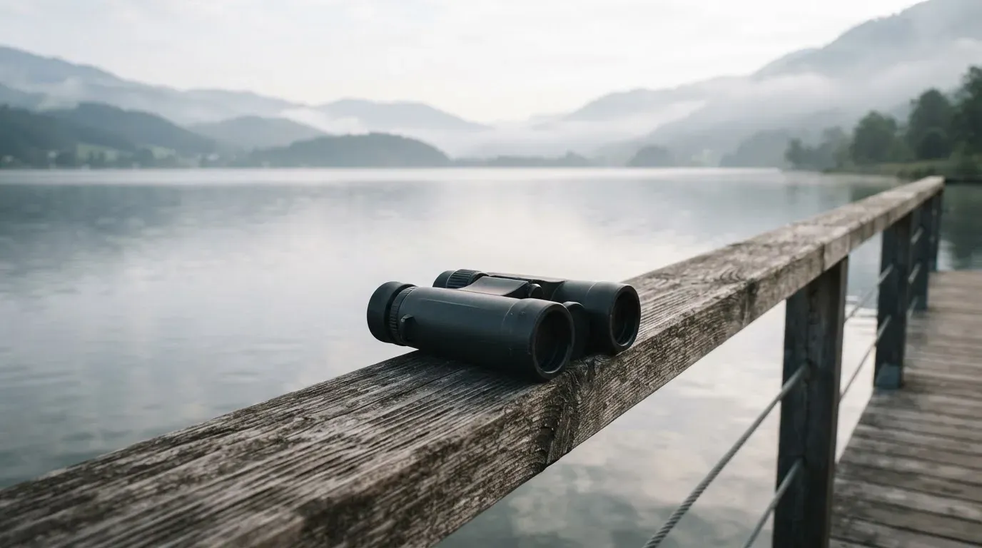 Ein Fernglas liegt auf dem Geländer einer Aussichtsplattform über einem See, dahinter flache Hügel im Dunst.