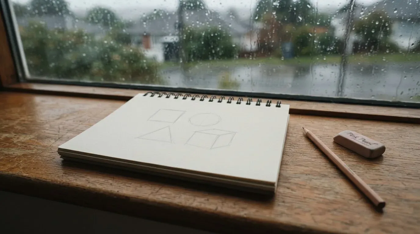 Ein Zeichenblock mit einem Bleistift und einem Radiergummi liegt auf einem Fensterbrett, draussen fällt Regen.