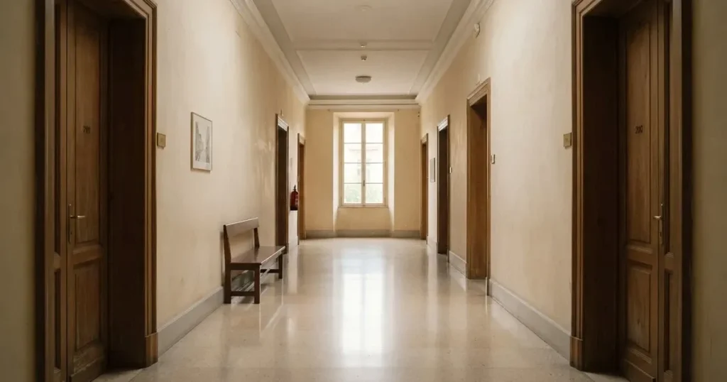 Ein langer Flur mit Holztüren und hellem Boden in einem ruhigen Verwaltungsgebäude, am Ende fällt Tageslicht durch ein Fenster.