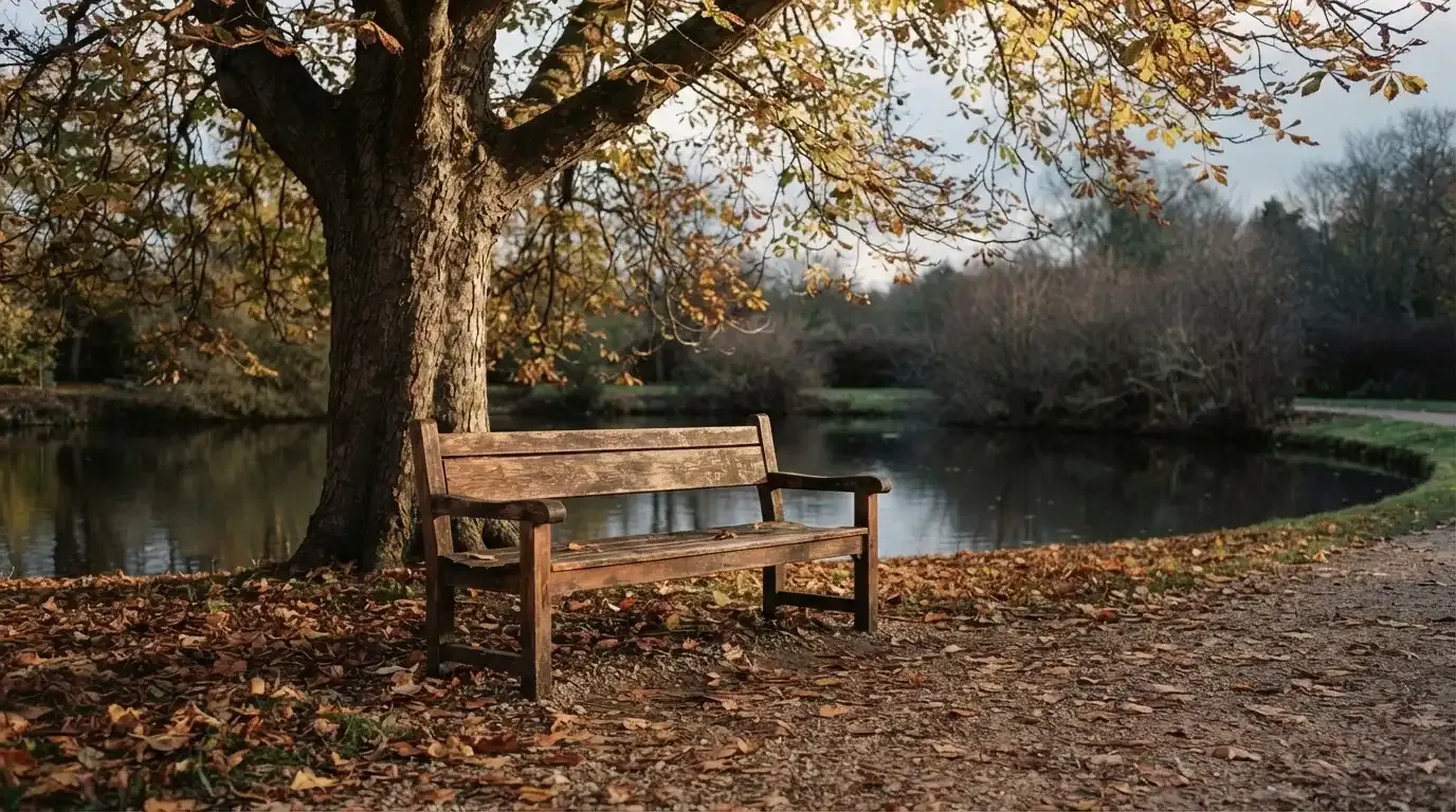 Eine Parkbank unter einer Kastanie, Herbstlaub bedeckt den Kiesweg, im Hintergrund ein stiller Teich.