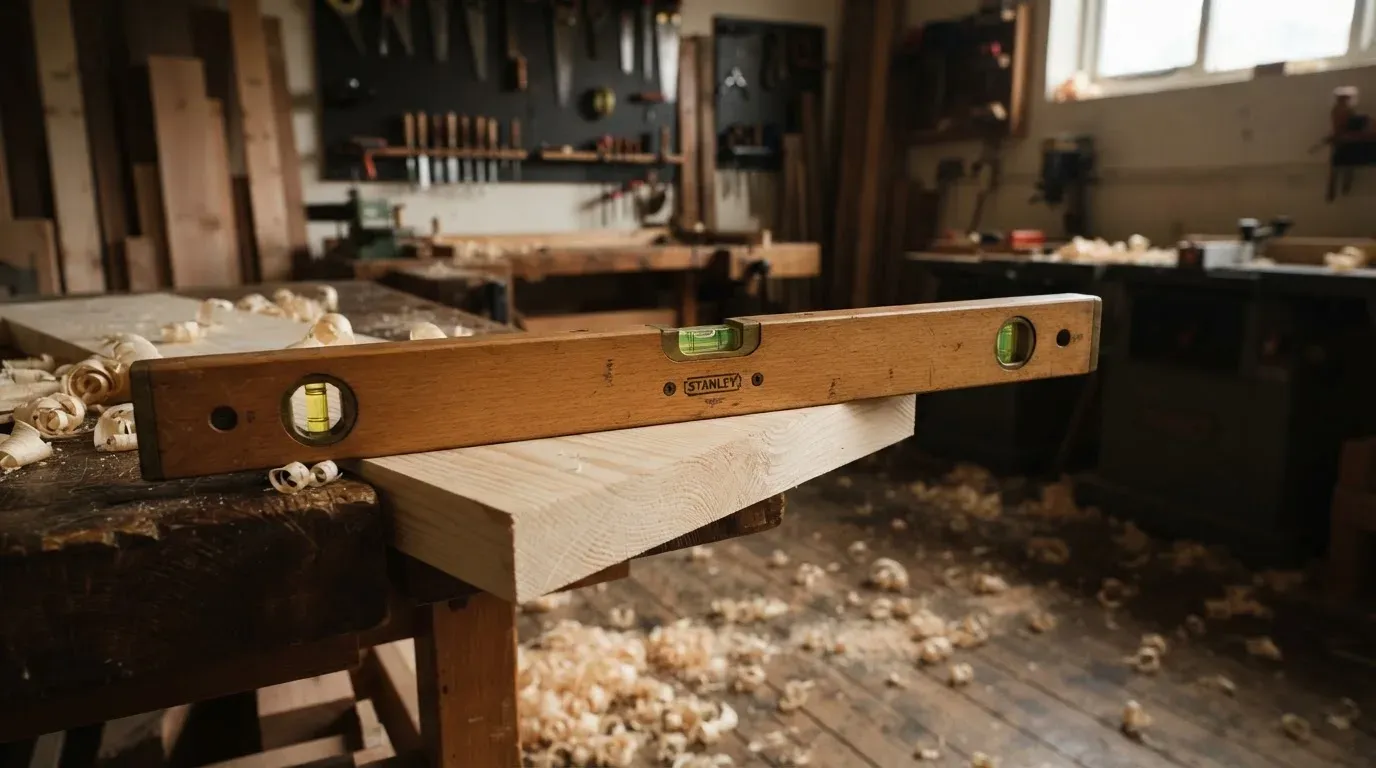 Eine Wasserwaage liegt auf einem Brett an einer Werkbank in einer Schreinerei, Holzspäne bedecken den Boden.