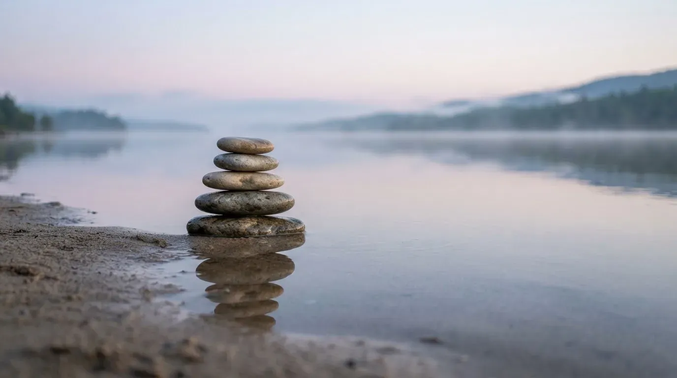 Ein Stapel flacher Kieselsteine liegt am Seeufer in der Morgendämmerung, das Wasser ist spiegelglatt.