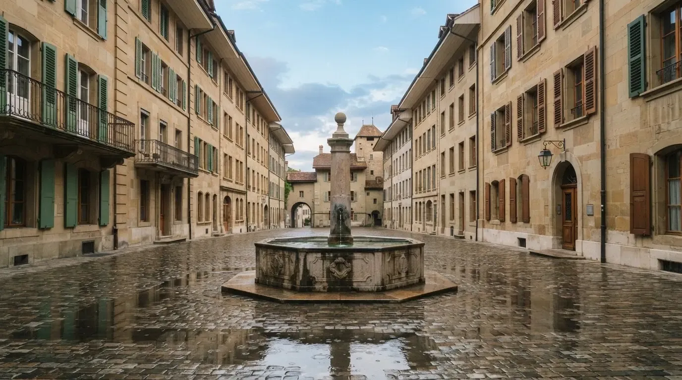 Ein Brunnen auf einem Altstadtplatz zwischen Sandsteinfassaden, nasses Kopfsteinpflaster nach einem Regenschauer.