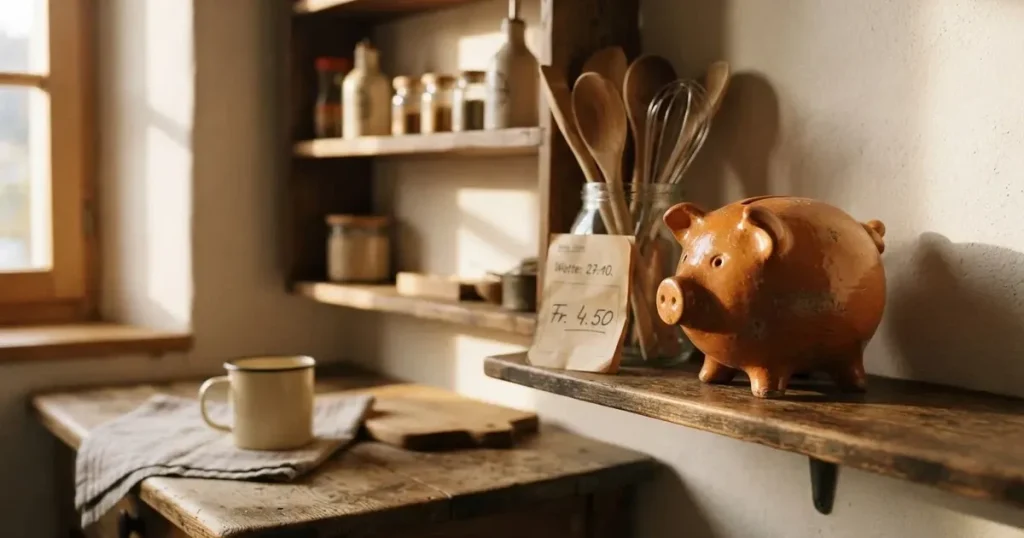 Ein Sparschwein aus Keramik steht auf einem Küchenregal neben einem Glas mit Holzlöffeln.