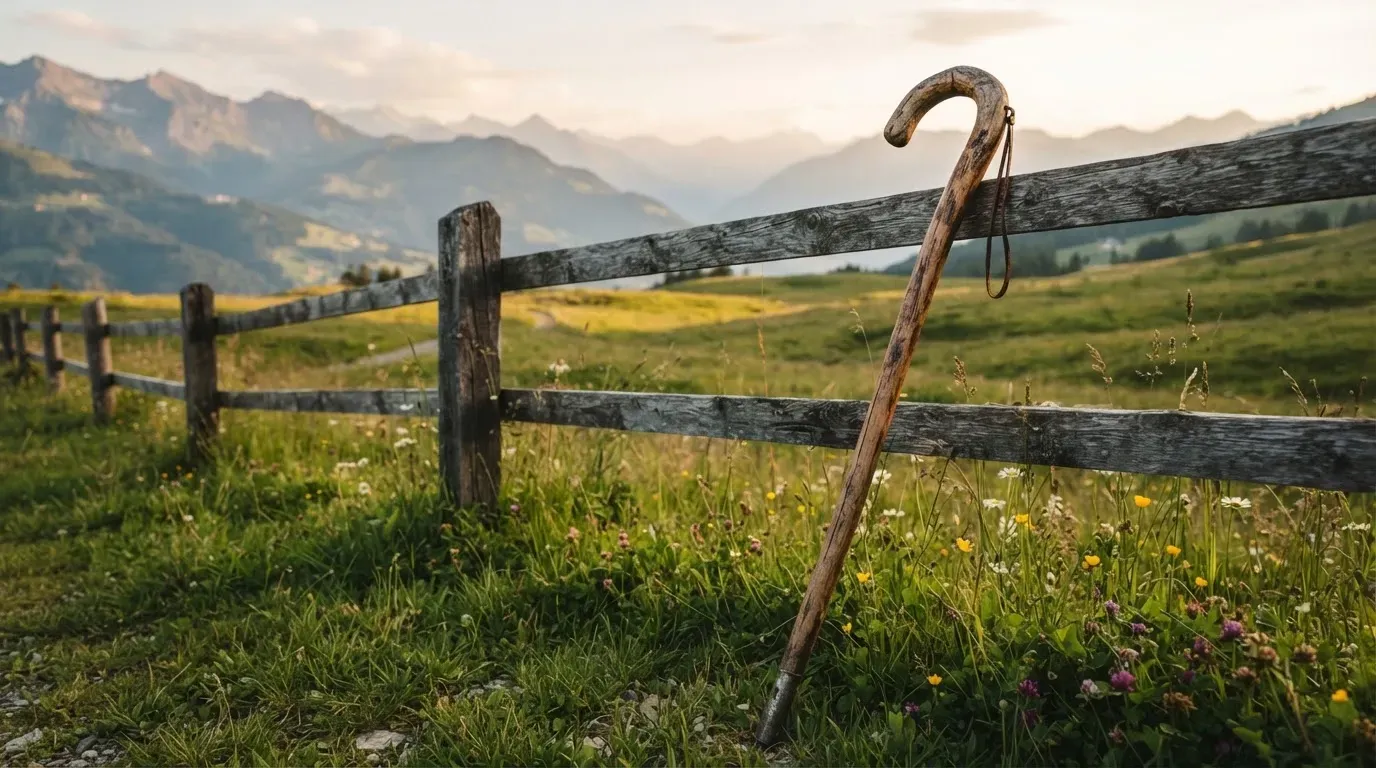 Ein Wanderstock lehnt an einem Gartenzaun, dahinter erstreckt sich eine ruhige Alpwiese im Abendlicht.