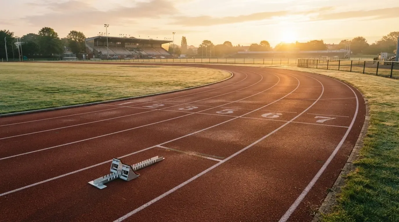 Eine leere Tartanbahn einer Leichtathletikanlage am frühen Morgen, Tau auf den Rasenflächen daneben und tiefstehende Sonne.