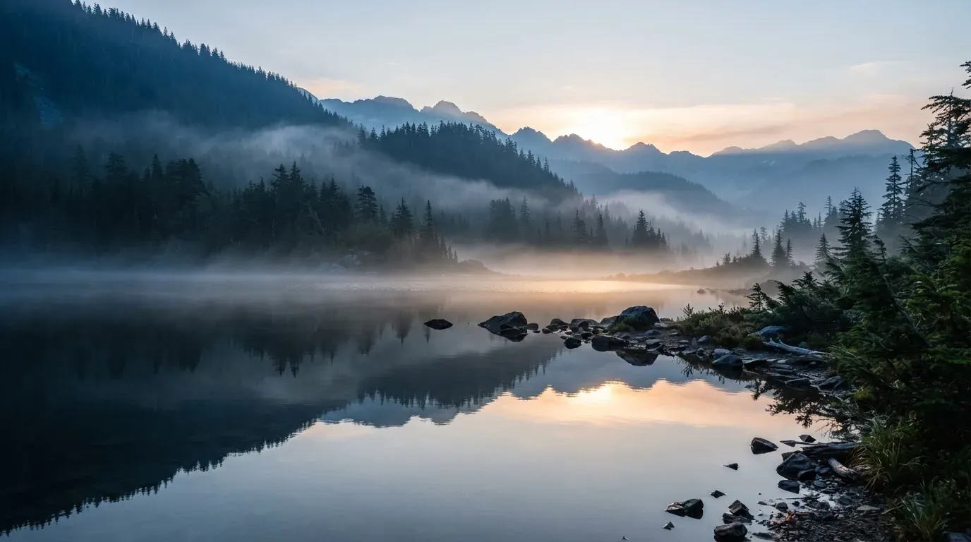 Ein ruhiger Bergsee mit Nebel am Ufer bei Sonnenaufgang, am Hang dahinter dunkle Tannen.