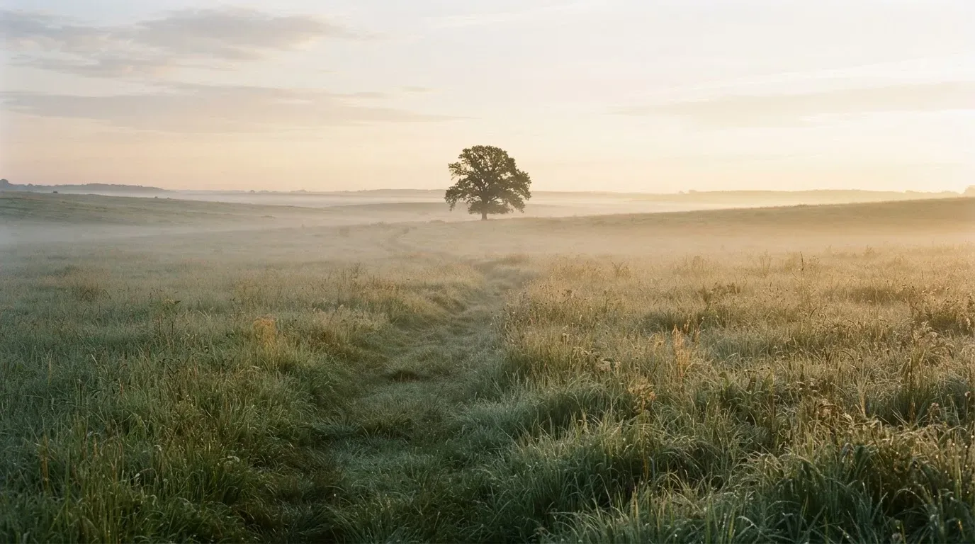 Eine Wiese mit Bodennebel am frühen Morgen, in der Ferne ein einzelner Baum vor hellem Horizont.