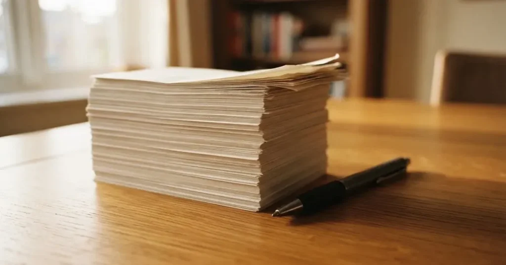 Ein Stapel unbedruckter Papierscheine liegt neben einem Kugelschreiber auf einem Holztisch.