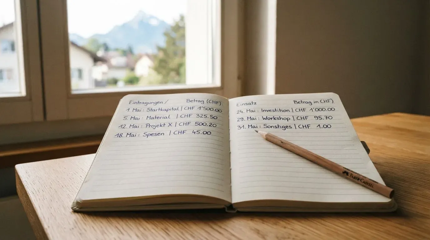 Ein aufgeschlagenes Notizbuch mit handschriftlichen Spalten und ein Bleistift liegen auf einem Holztisch neben einem Fenster.