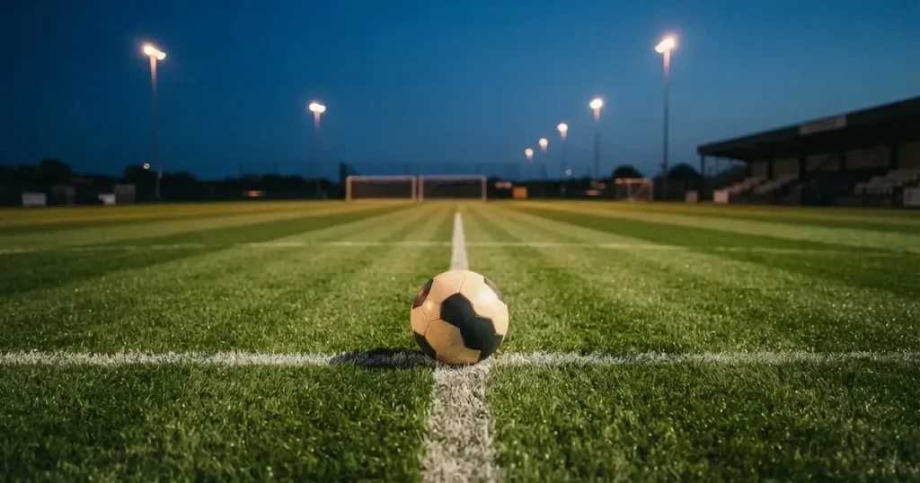 Ein Fussball liegt auf dem Anstosspunkt eines leeren Rasenplatzes, im Hintergrund glimmen Flutlichtmasten im Abendlicht.