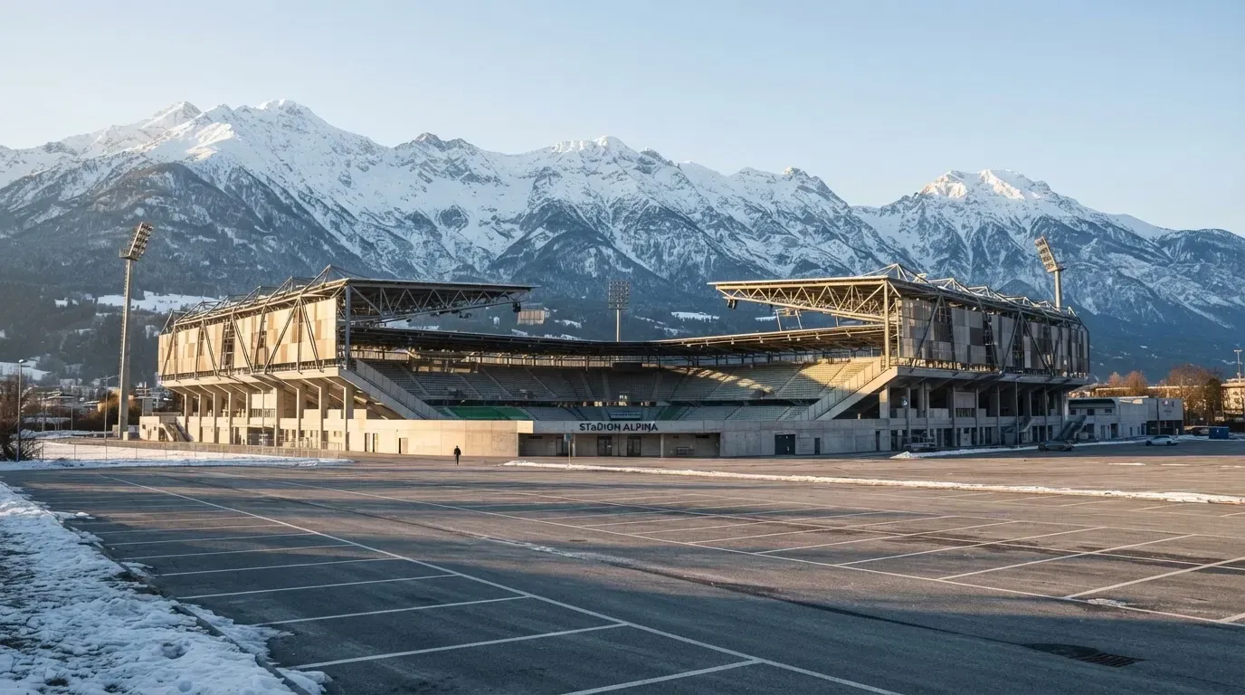 Hinter einem leeren Stadion ragen verschneite Berggipfel in den klaren Morgenhimmel, davor ein Parkplatz im ersten Sonnenlicht.