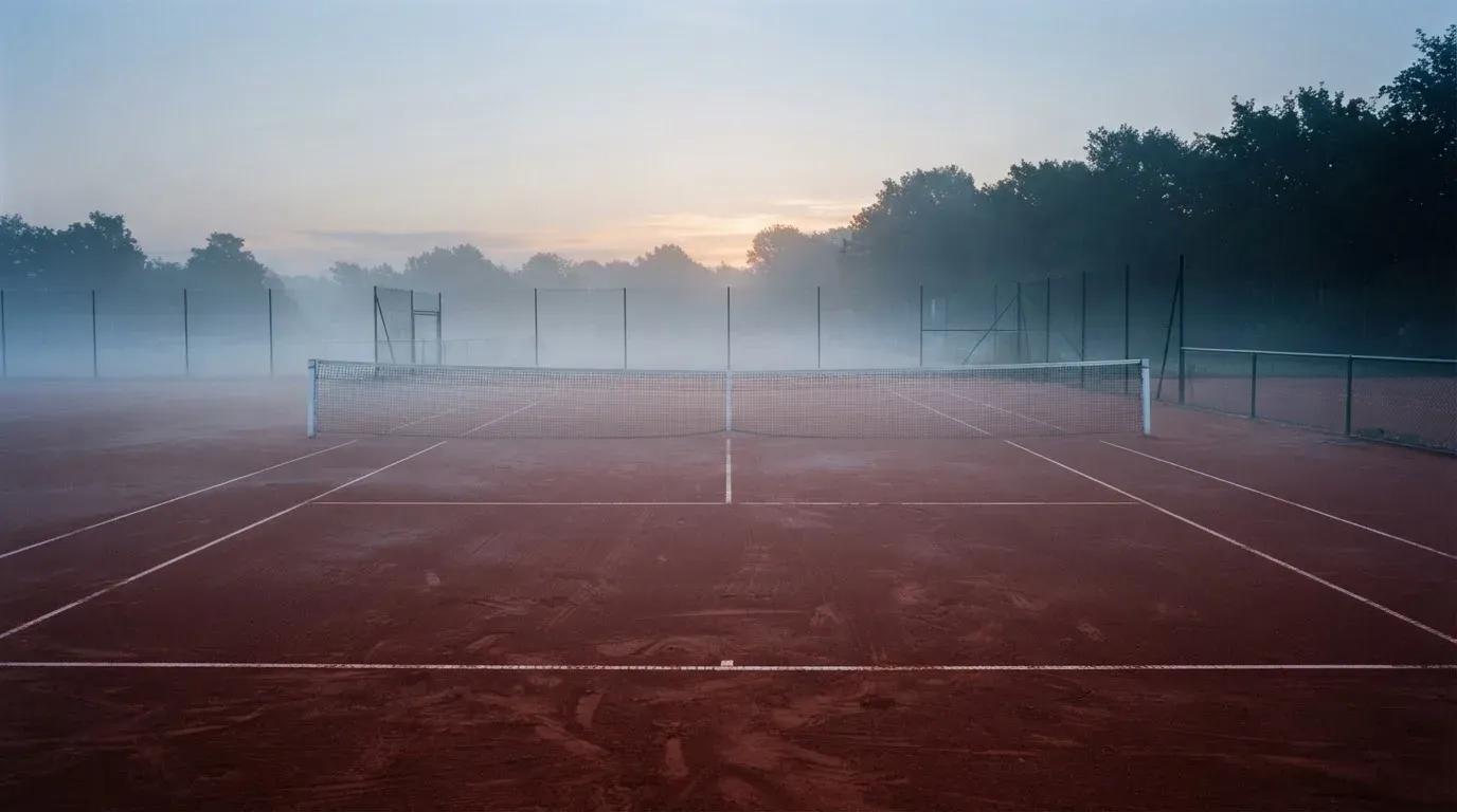 Ein Tennisplatz aus Sand liegt im Morgengrauen still da, Nebel hängt über der Grundlinie und dem aufgespannten Netz.