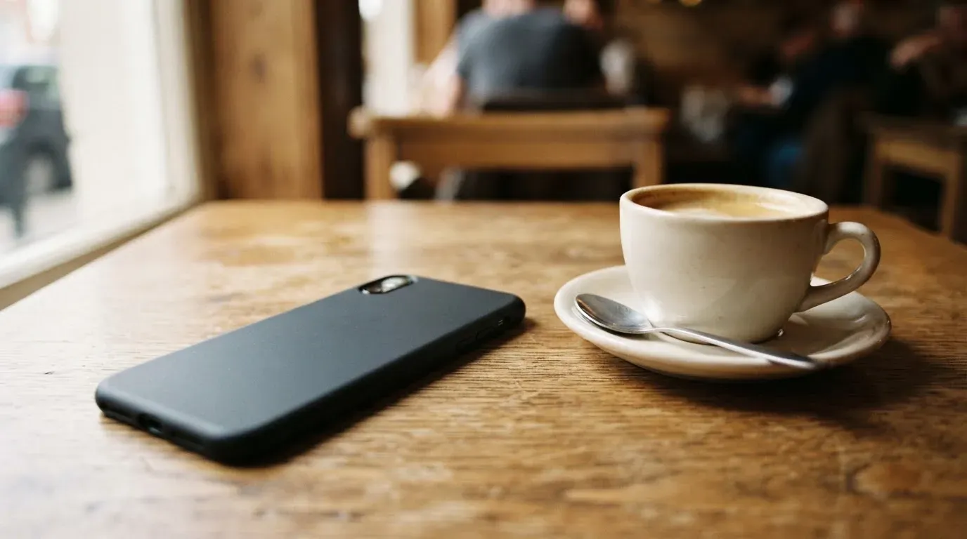 Ein Smartphone liegt mit der Rückseite nach oben auf einem Kaffeehaustisch neben einer Tasse und einem Löffel.