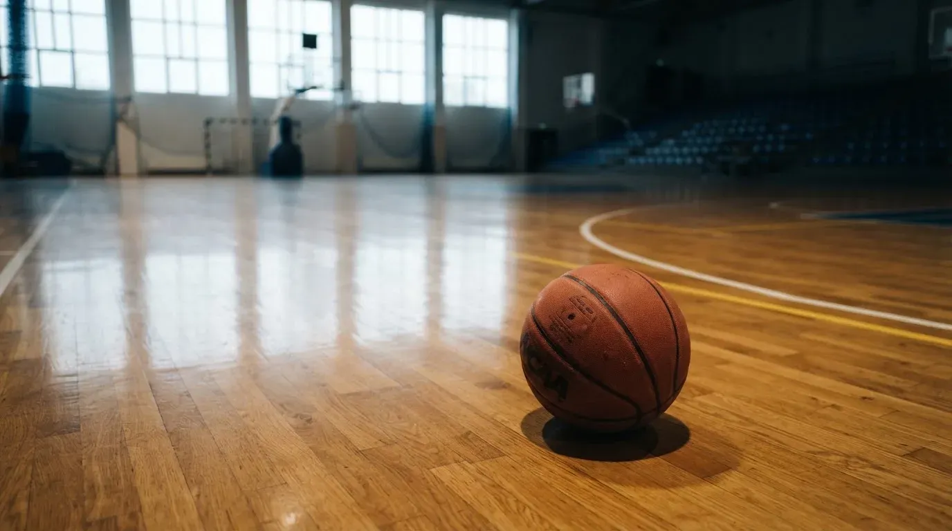 Ein Basketball ruht auf dem Parkett einer leeren Sporthalle, durch hohe Fenster fällt Tageslicht.