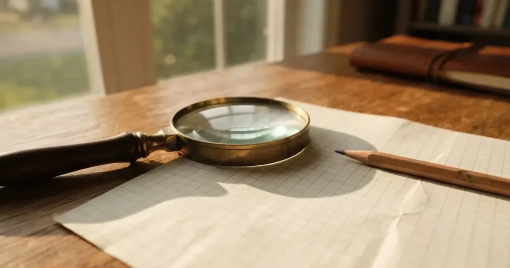 Eine Lupe liegt auf einem karierten Blatt neben einem Bleistift, das Licht fällt schräg durch ein Fenster.