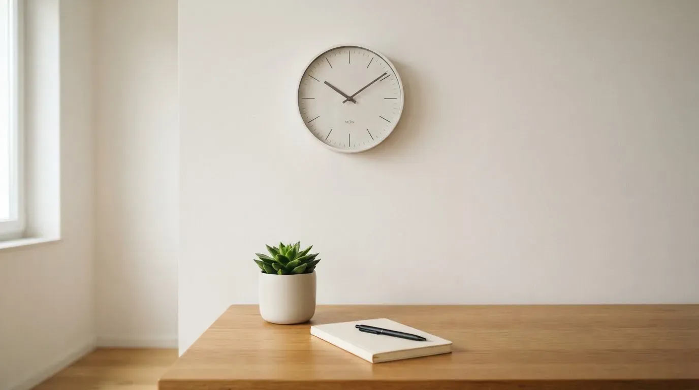 Eine Wanduhr hängt in einem ruhigen Büro, davor ein aufgeräumter Tisch mit einer Pflanze.