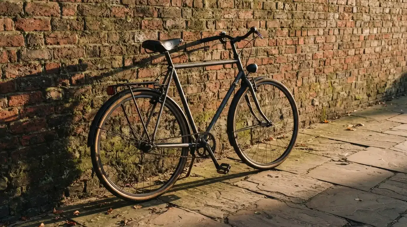 Ein Fahrrad lehnt an einer Backsteinmauer, auf dem Gehweg davor fallen lange Schatten.