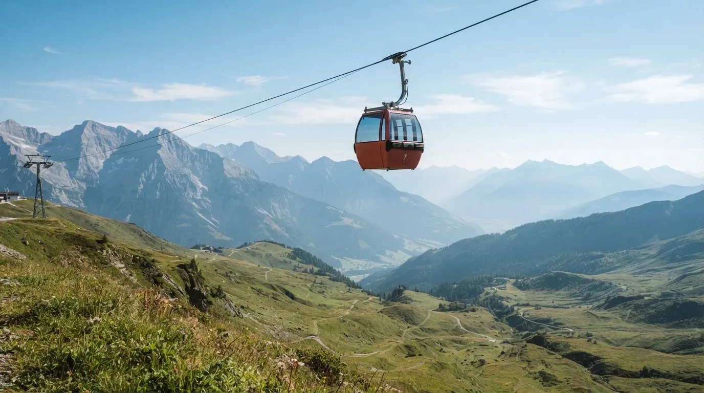 Eine Seilbahnkabine schwebt über einer Alpwiese, im Hintergrund zeichnen sich Felswände ab.