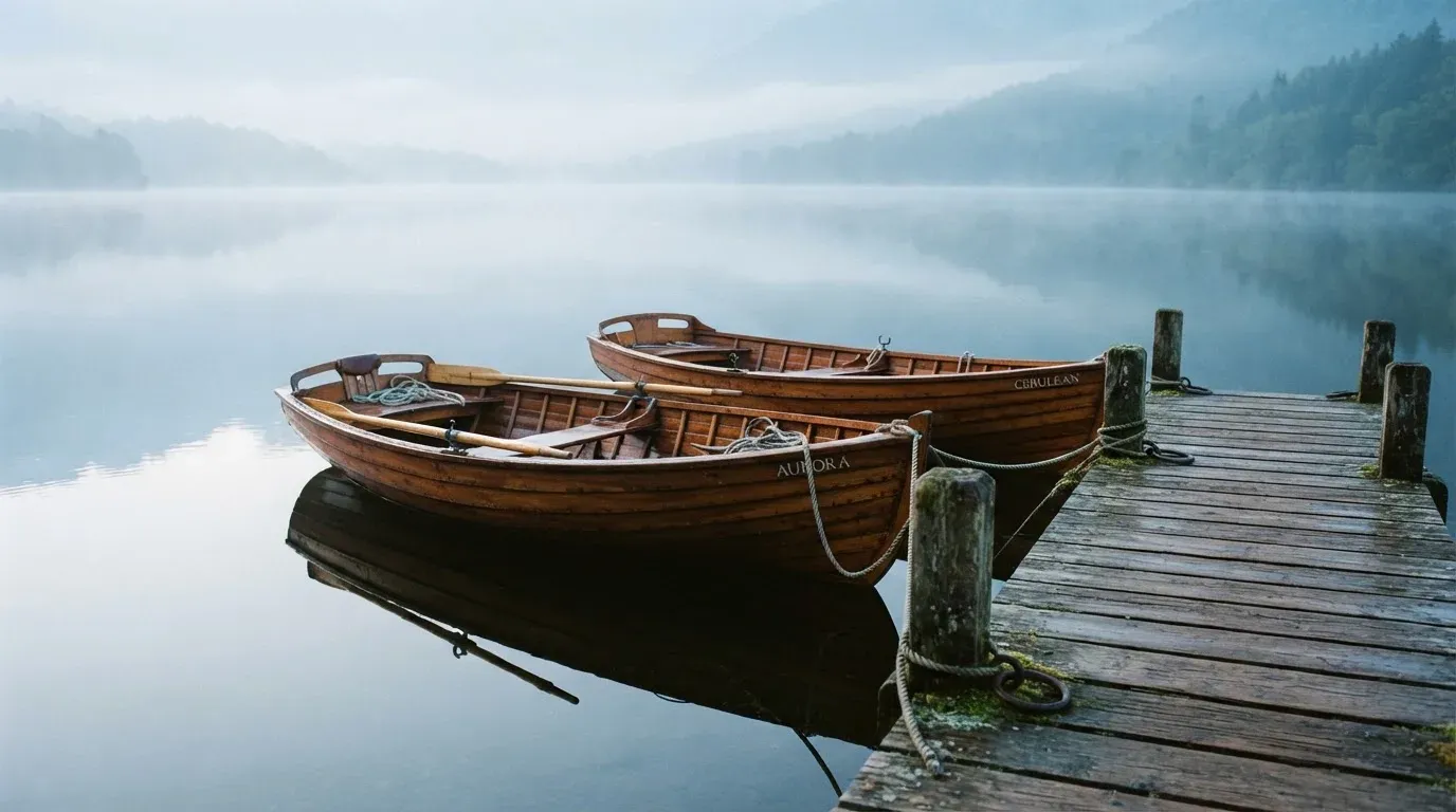 Ruderboote liegen am hölzernen Steg eines Sees, über dem Wasser hängt feiner Morgendunst.