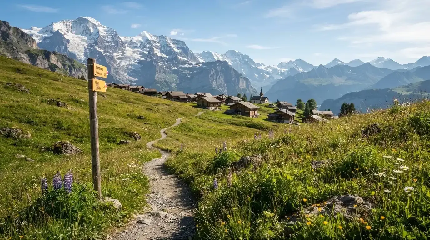 Ein Wanderweg führt durch eine Almwiese zu einem Bergdorf, in der Ferne liegt Schnee auf den Gipfeln.