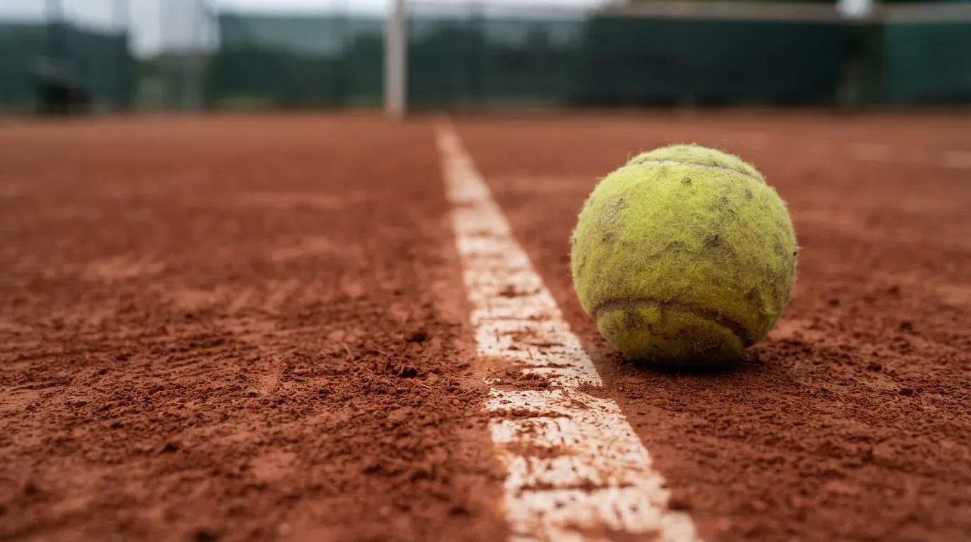 Ein Tennisball liegt auf rotem Sand neben einer verblassten Linie, das Licht ist weich.
