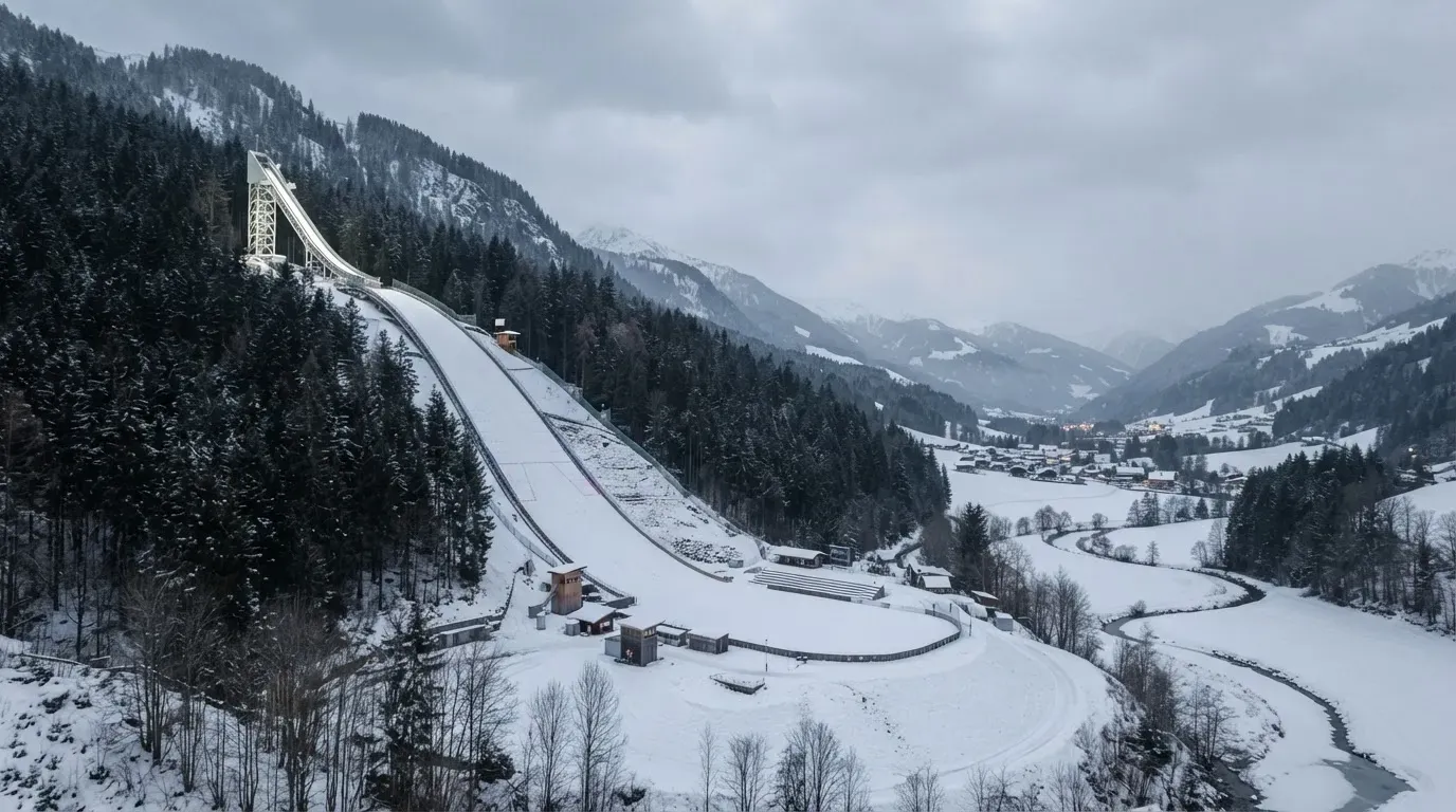 Eine verschneite Skisprungschanze erhebt sich unter grauem Himmel über einem stillen Tal.