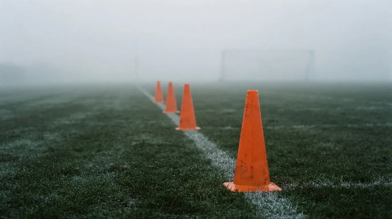 Orange Pylonen stehen auf einem Trainingsplatz im Nebel, die Ränder des Platzes verschwimmen im Dunst.