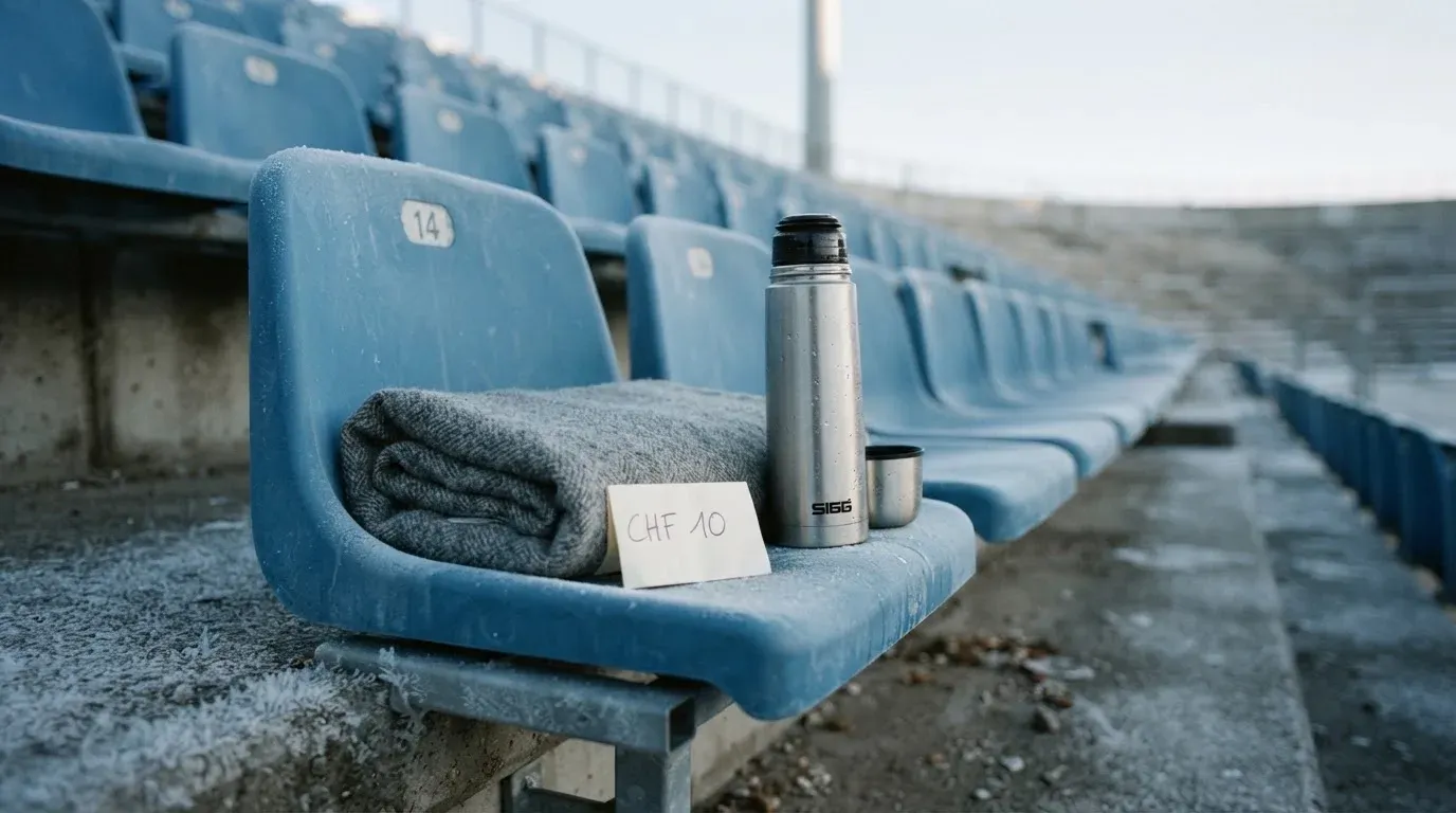 Ein grauer Wollschal und eine Thermoskanne liegen auf einem Sitz im winterlichen Stadion, Raureif liegt auf den Stufen.