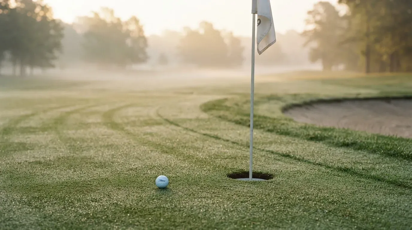Ein Golfgrün liegt am frühen Morgen im Tau, ein Ball liegt nahe dem Loch.