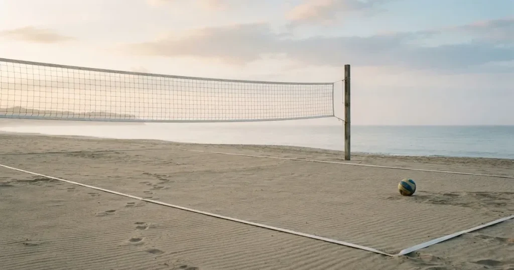 Ein Volleyballnetz spannt sich an einem leeren Sandstrand, das Meer liegt im Dunst.