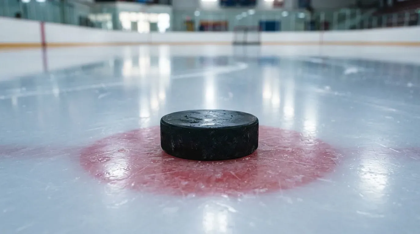 Ein Eishockeypuck liegt in Grossaufnahme auf glatter Eisfläche, im Eis spiegeln sich Hallenlichter.