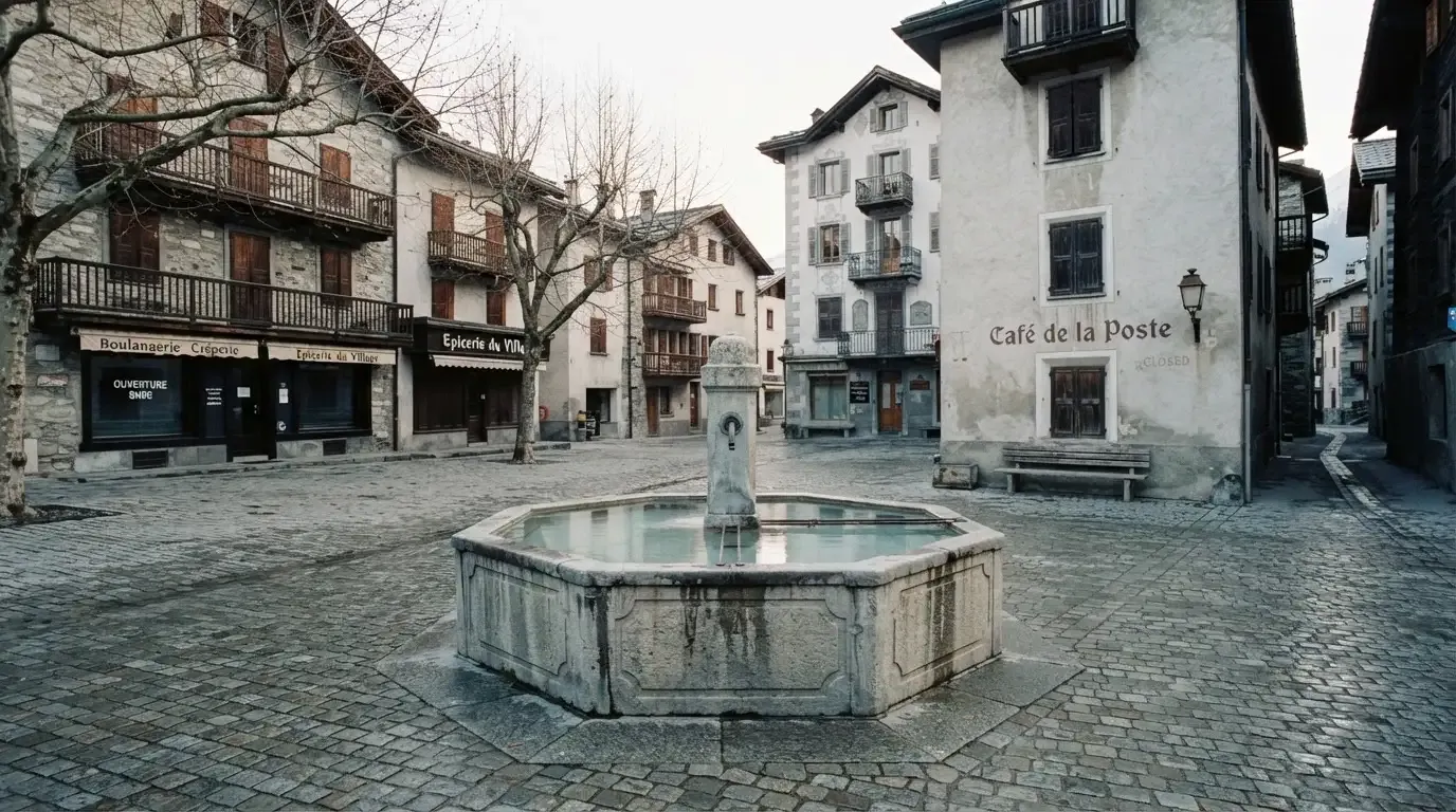 Ein Dorfplatz mit steinernem Brunnen liegt am Vormittag still da, die Läden ringsum sind noch geschlossen.