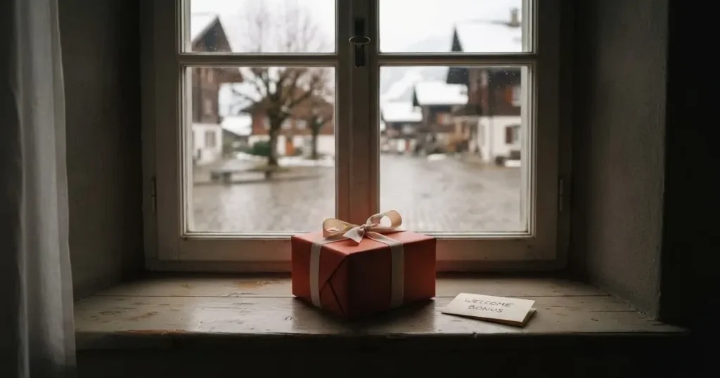 Eine kleine Schachtel mit Schleife steht auf einem Fensterbrett, dahinter ein grauer Wintertag.