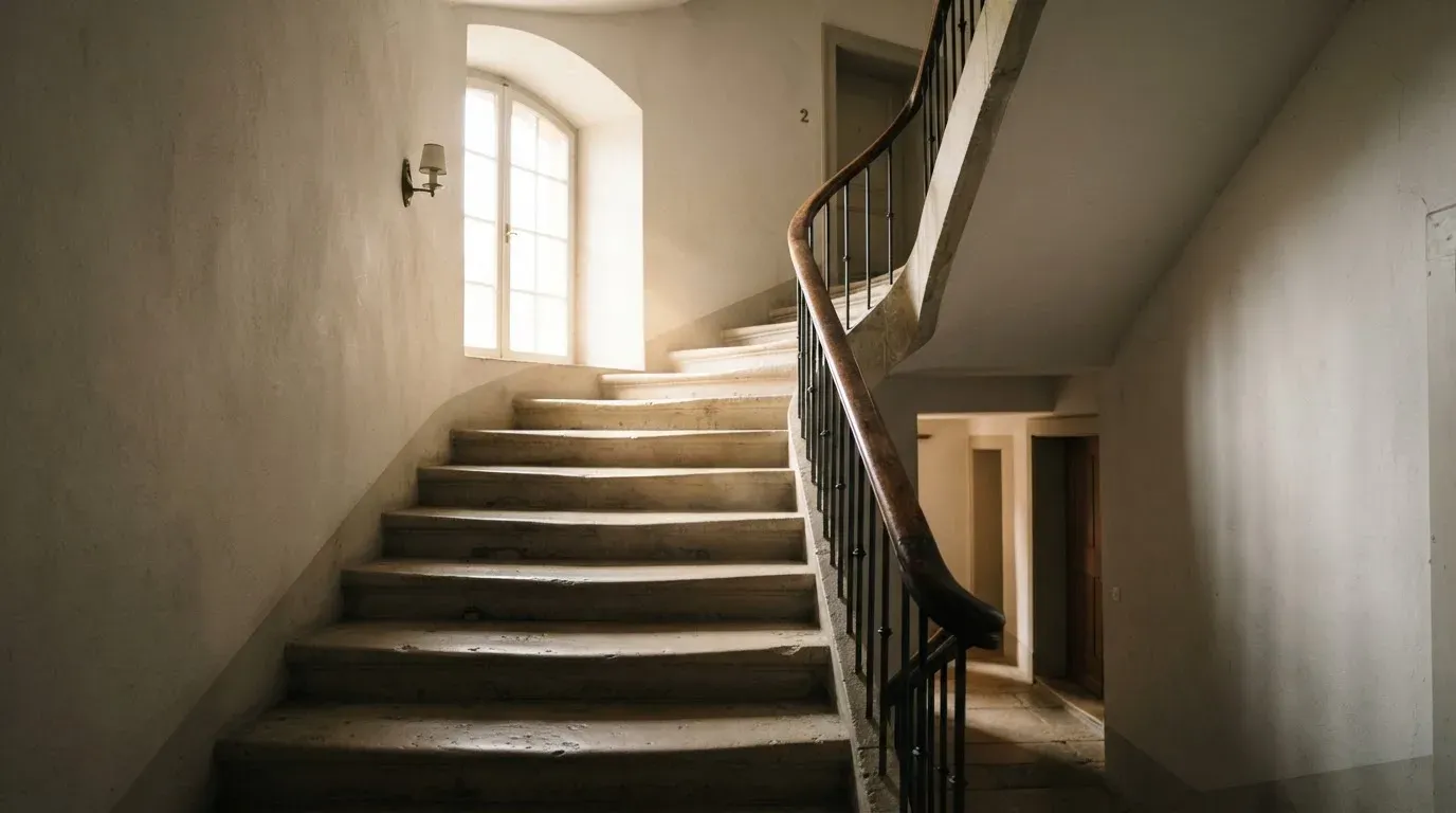 Ein Treppenhaus aus hellem Stein führt in einem Altbau nach oben, Licht fällt durch ein hohes Fenster.